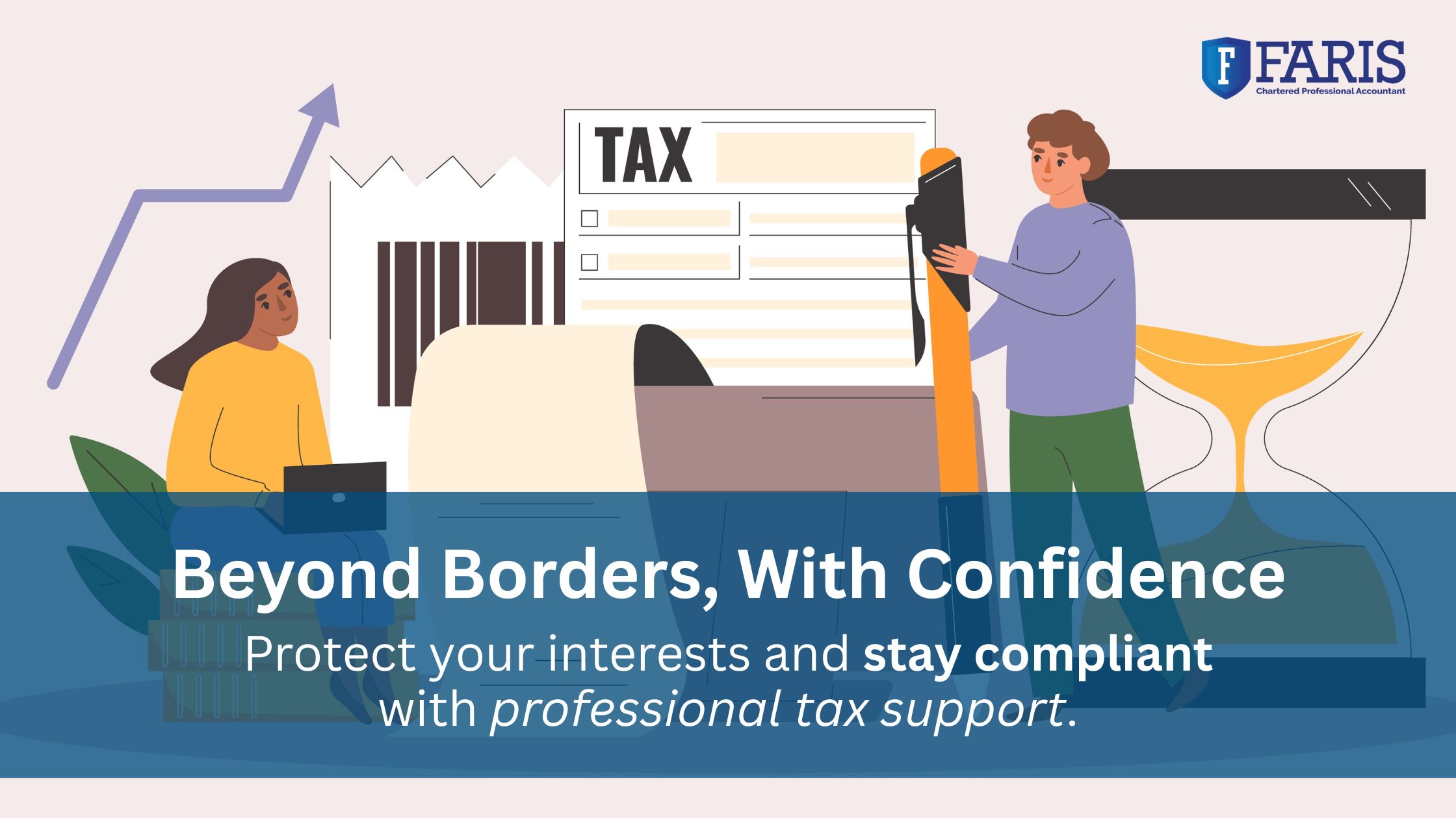  Illustration of people preparing tax forms with text overlay promoting Faris CPA’s professional non-resident tax support services.
