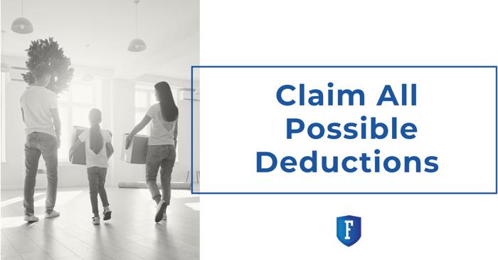 Graphic with a family carrying boxes into a bright room, alongside text encouraging to claim all possible deductions and a Faris CPA logo.