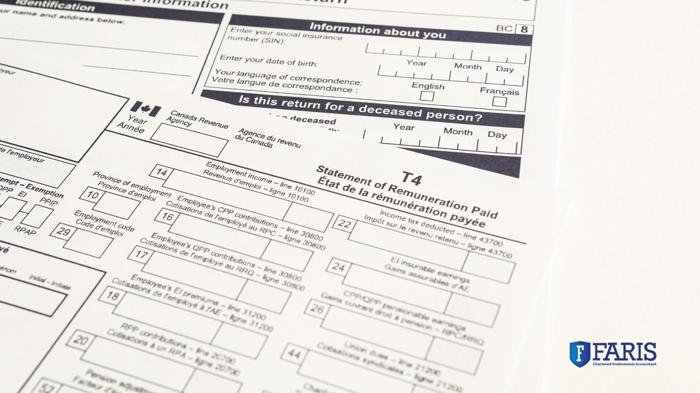 A detailed view of a Canadian T4 Statement of Remuneration Paid form used during tax season.